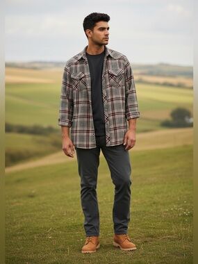 Urban Vintage Men’s Plaid Flannel Shirt Snap Buttons - Gray & Red-Size XXL